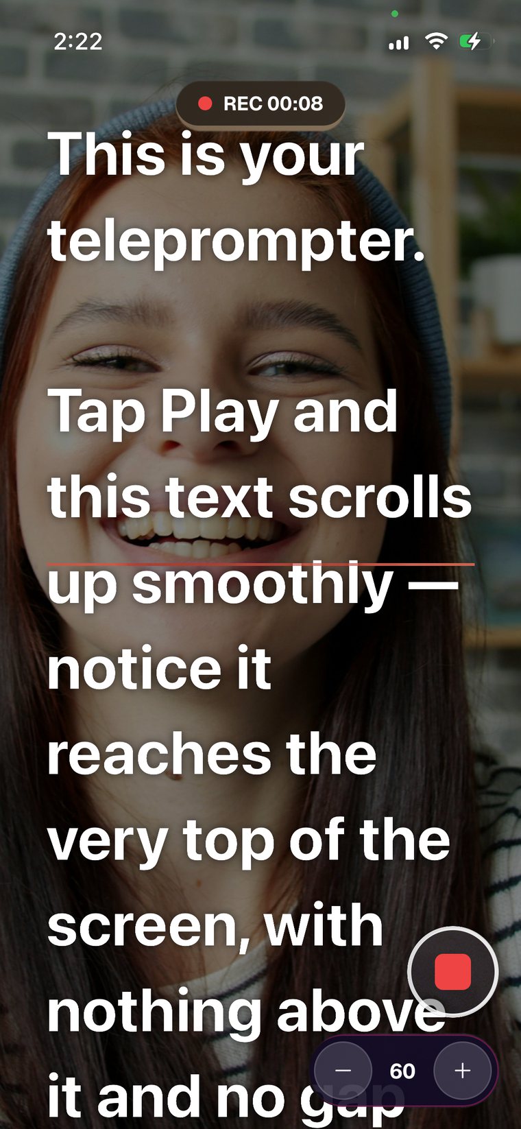 Teleprompter running on an iPhone: the script scrolls in large white type over the camera preview while recording.